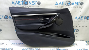 Front left door panel assembly BMW 3 F30 12-18 black, armrest and insert black leather, red stitching, chrome molding, dark wood trim, with backlight, cracks in the leather, dents
