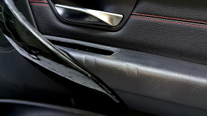 Front right door panel assembly for BMW 3 F30 12-18, black, armrest and insert, black leather, red stitching, chrome molding, dark wood trim, with backlighting, for cleaning, bumpers
