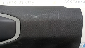 Black rear right door panel for a 2021 Ford Bronco Sport with a handle, gray molding, black leather armrest, plastic insert, scratches, scuffs, dents