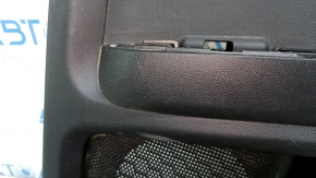 Black rear right door panel for a 2021 Ford Bronco Sport with a handle, gray molding, black leather armrest, plastic insert, scratches, scuffs, dents