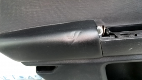 Black rear left door panel for a 2021 Ford Bronco Sport with a handle, gray molding, black leather armrest, plastic insert, scratches, dented leather