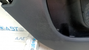 Black rear left door panel for a 2021 Ford Bronco Sport with a handle, gray molding, black leather armrest, plastic insert, scratches, dented leather