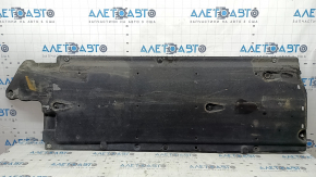 Left underbody protection for Kia Niro 17-22 HEV, PHEV is worn, torn, pinched, and has cracks.