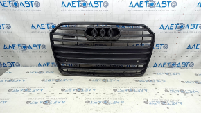 Radiator grille assembly for an Audi A6 C7 16-18, matte finish + gloss black, with a "quattro" emblem, compatible with parking sensors, emblem in film, sand, broken fasteners, bulging film