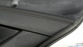 Right rear door panel for Mazda CX-5 17-23 with black leather insert, black leather armrest, dark wood molding, with handle, scratches, dents, tear