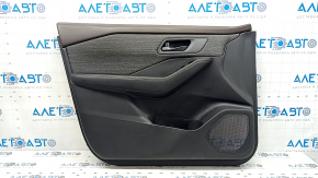 Front left door panel for Nissan Rogue 21-22, black S US built, with gray cloth insert, leather armrest, brown top, with handle, scuffs