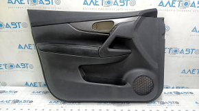 Front left door panel for Nissan Rogue 14-16, black with black plastic insert, leather armrest, gray molding, dented, scratches, worn
