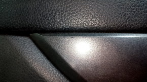 Front left door panel for Nissan Rogue 14-16, black with black plastic insert, leather armrest, gray molding, dented, scratches, worn