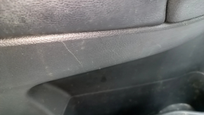Front left door panel for Nissan Rogue 14-16, black with black plastic insert, leather armrest, gray molding, dented, scratches, worn