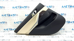 Door trim, rear left, BMW X5 G05 19-23, black/Canberra-Beige leather, without curtain, Fineline Stripe wood insert, beige leather armrest, with handle and overlays, with backlight, scratches