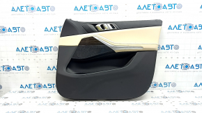 Door trim, front right, BMW X5 G05 19-23, black/Canberra-Beige leather, Fineline Stripe wood insert, beige leather armrest, with handle and overlays, with backlight, dented, scratches
