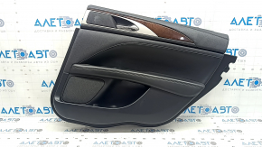 Door trim, rear right card, Lincoln MKZ 17-20, black with black leather insert, black leather armrest, light wood molding, glossy, with backlight, tear, dents, scratches, burrs, crepe break
