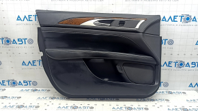 Door trim card front left Lincoln MKZ 17-20 black with black insert leather, armrest black leather, insert light wood gloss, with backlight, with handle, scratches, tears, dented, under clean