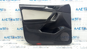 Black front left door panel for a VW Tiguan 18-20, with a buzzer, leather armrest, gray leather insert, with a handle, scratches, scuffs, stains, tear, crack in the fastener, broken fastener
