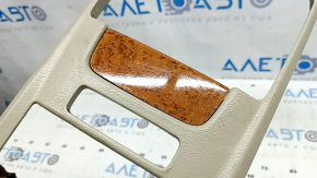 Upper center console trim for Lexus RX300 RX330 RX350 RX400h 04-08, beige, wood grain inserts, cracks in fasteners