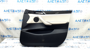 Front right door panel for BMW X3 F25 11-17, black, Elfenbein-Weiss leather insert with red stitching, wood-like insert, needs cleaning, scratches