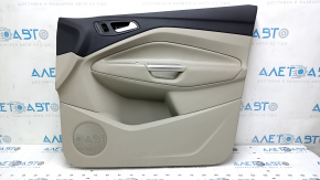 Front right door panel for Ford Escape MK3 2017-2019, beige and black, beige plastic insert, black leather trim, beige leather armrest, with chrome handle, with handle, scratches