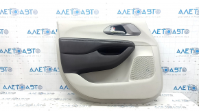 Front left door panel for a Chrysler Pacifica 17-20, gray with brown leather, brown leather armrest, with overlays, with a handle, scratches, scuffs, needs cleaning