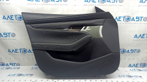 Front left door panel for Mazda 3 19-23 4D, black leather, Mexico built, black leather armrest, black insert, chrome molding, scratches