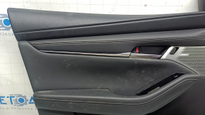 Front left door panel for Mazda 3 19-23 4D, black leather, Mexico built, black leather armrest, black insert, chrome molding, scratches