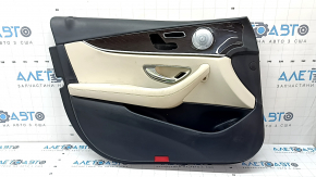 Door trim, front left, Mercedes W213 E 17-23, black leather, beige leather insert, beige leather armrest, without curtain, wood insert, Burmester, with overlays and handle, butt, dented