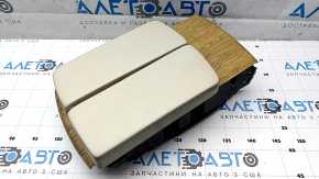 Tesla Model X 16-21 center console armrest with cup holders, light wood trim, beige leather, cracked wood