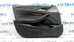 Front left door panel assembly BMW 5 G30 17-23 black leather, armrest and insert black leather, molding under the wood gloss, under the memory, scratches, handle came loose, tears