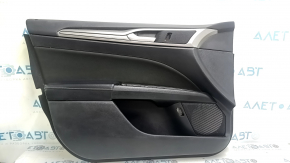 Front left door panel for Ford Fusion mk5 17-20 black with black cloth insert, black leather armrest, gray molding, scratches, with handle