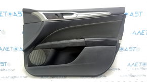 Front right door panel for Ford Fusion mk5 17-20 black with black cloth insert, black leather armrest, gray molding, scratches, with handle