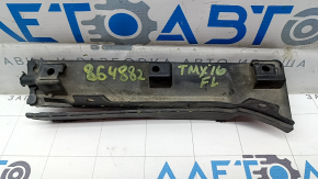 The left front bumper mudguard of a Tesla Model X 16-21 is sawed off and the mount is broken.