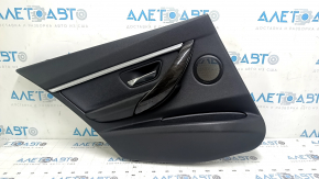 Door trim panel rear left complete BMW 3 F30 12-18 black, armrest and insert black leather, chrome molding, overlay under dark wood, without backlight, with handle, bumps, scratches, broken bracket