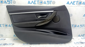 Front left door panel assembly for BMW 3 Series F30 12-18, black, armrest and insert, black leather, chrome molding, dark wood trim, no backlight, with handle, scratches, tears