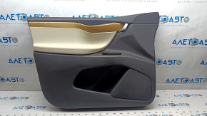 Tesla Model X 16-21 front left door panel, black and beige leather, light wood molding, tears and nicks in the leather, scratches, dents