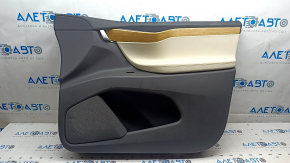 Tesla Model X 16-21 front right door panel, black and beige leather, light wood molding, chrome handle, scratches, dents, cracked wood