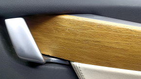 Tesla Model X 16-21 front right door panel, black and beige leather, light wood molding, chrome handle, scratches, dents, cracked wood