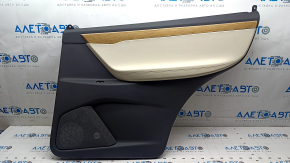 Tesla Model X 16-21 rear right door panel, black and beige leather, light wood molding, scratches, dents, peeling varnish on the wood