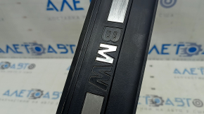 Outer front left door sill trim for BMW 5 F10 11-16, black with chrome, missing chrome trim, scratches, broken fasteners