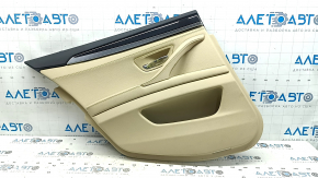 Rear left door trim, BMW 5 F10 11-16, black leather with beige Venetobeige, with backlight, wood insert, with handle, scratches, needs cleaning