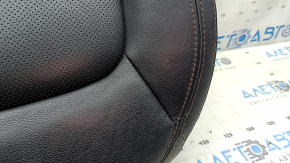 Mazda CX-5 17-23 passenger seat cushion upholstery, black leather, with brown stitching, heated, perforated, worn, dented