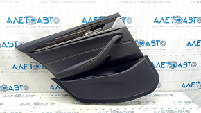 Rear left door panel assembly BMW 5 G30 17-23 black leather, Sensatec, armrest and insert black leather, glossy wood molding, with backlight, with handle, dent, tear