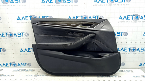 Front left door panel, complete BMW 5 G30 17-23, black leather, Sensatec, armrest and insert, black leather, molding, glossy wood, memory, with handle, armrest defect