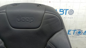 Jeep Cherokee KL 19-23 passenger seat back upholstery, black leather, perforated, heated, dented leather, scratches