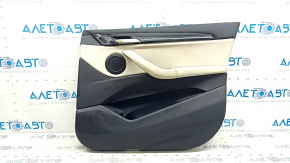 Door trim, front right, BMW X1 F48 16-22, Sensatec leather, beige with black, Oyster, with armrest, beige Oyster leather, molding, glossy black, with overlay, with handle, scratches