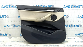 Door trim, front left, BMW X1 F48 16-22, Sensatec leather, beige with black, Oyster, with armrest, beige Oyster leather, molding, glossy black, with overlay, with handle, scratches, dry-cleanable