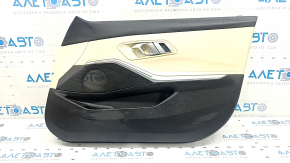 Front right door panel trim for BMW 3 G20 21-25 black, Canberra Beige leather, with chrome handle and trim, armrest and insert in Canberra Beige leather, with backlighting