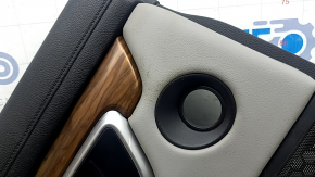 Rear left door panel for a Honda CRV 17-22, black, gray leather armrest, gray leather insert, wood-like molding, with a handle, scratches, needs cleaning, crack