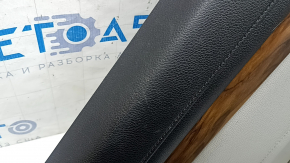 Rear left door panel for a Honda CRV 17-22, black, gray leather armrest, gray leather insert, wood-like molding, with a handle, scratches, needs cleaning, crack