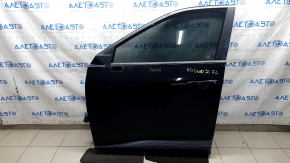 Front left door assembly for Nissan Rogue 21-24, black KH3, keyless, scratches on chrome molding, faded plastic, scratches