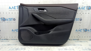 Front right door panel for Nissan Rogue 23-24 US built, black with black leather insert, leather armrest, brown top, with handle and trim, scratches