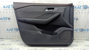 Front left door panel for Nissan Rogue 23-24 US built, black with black leather insert, leather armrest, brown top, with handle and trim, scratches